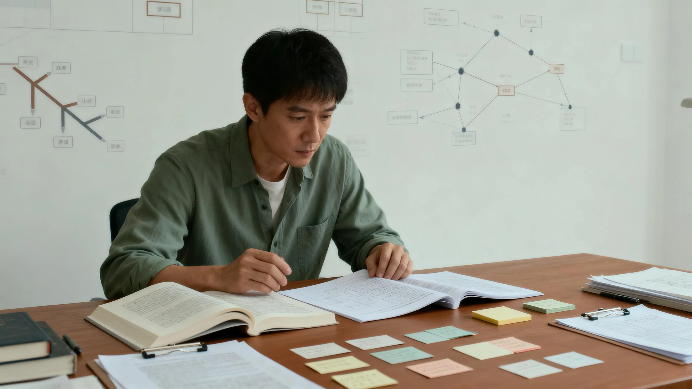 一位东亚青年在研究桌前对照资料与笔记，背景有淡淡的结构图线索。