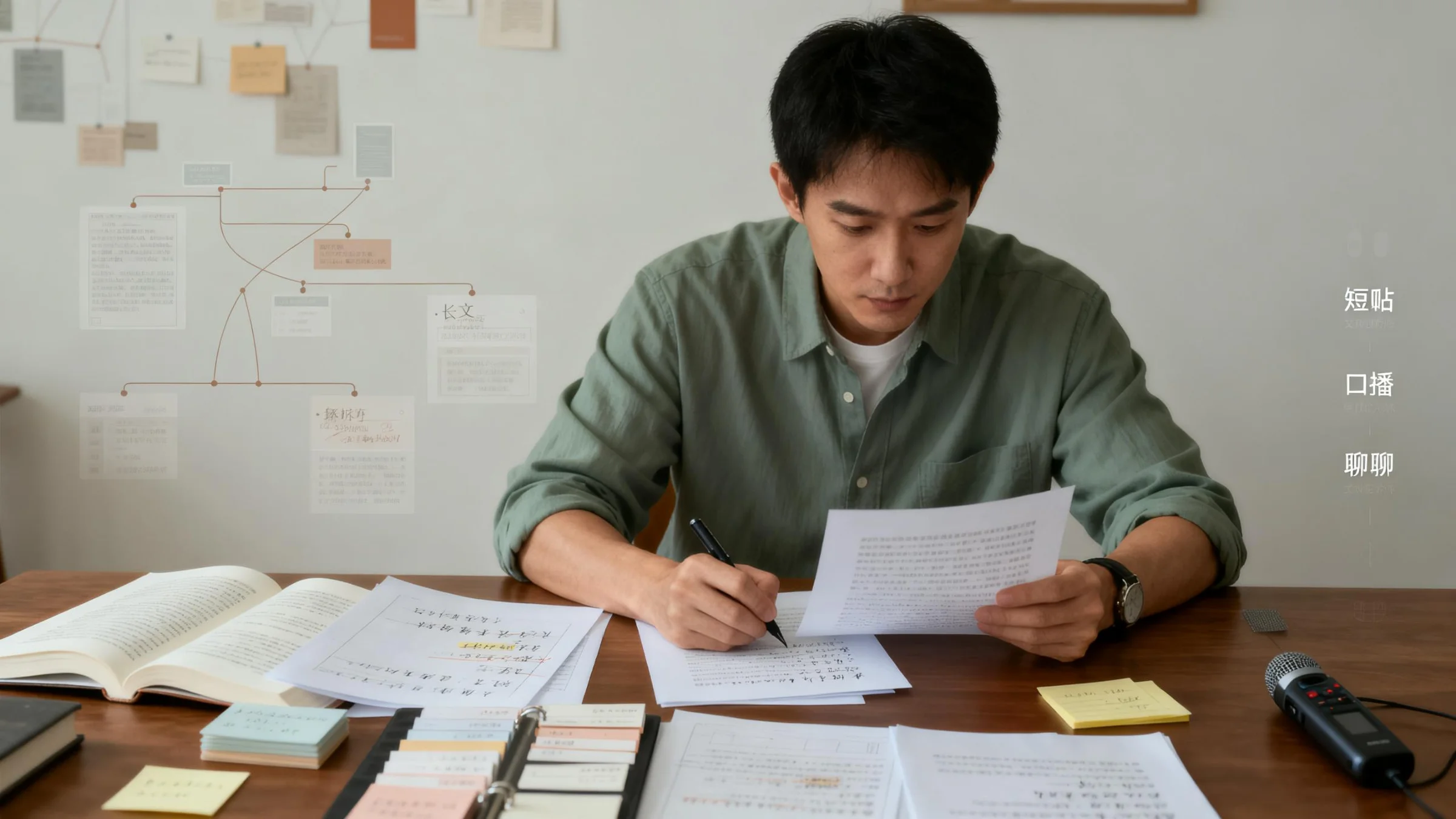 一位东亚青年在桌前修改稿件，桌上有书页、批注稿和写作卡片。